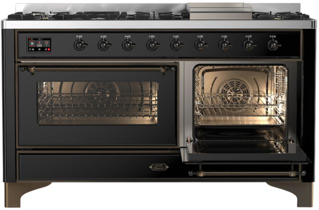 Ilve® Majestic III 60" Glossy Black Pro Style Dual Fuel Liquid Propane Range with Triple Glass Door and Burnished Trim-3