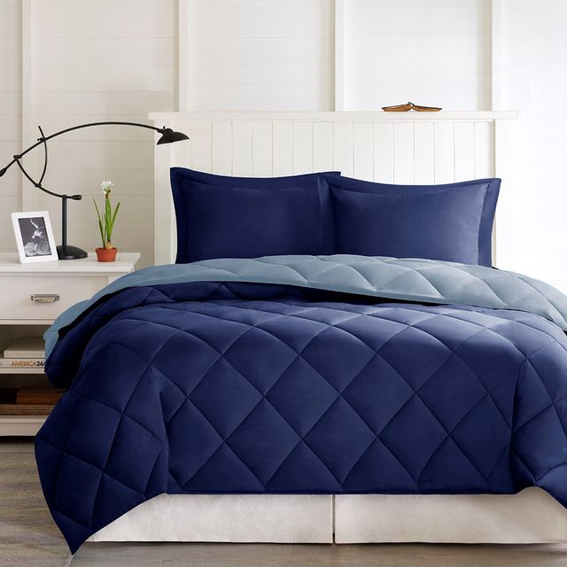 Olliix by Madison Park Essentials Larkspur Light Blue and Navy Full/Queen 3M Scotchgard Reversible Down Alternative Comforter Set-1