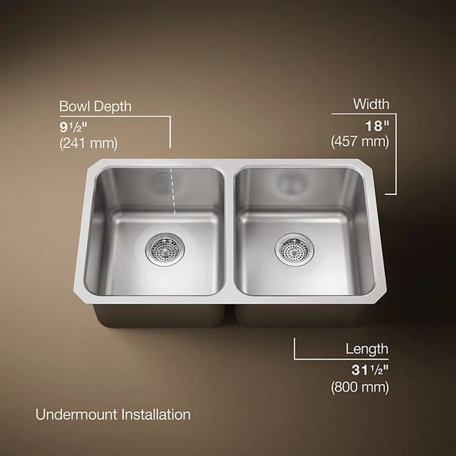 KOHLER® Undertone® Stainless Steel 32" Undermount Double Equal-Bowl Kitchen Sink-2