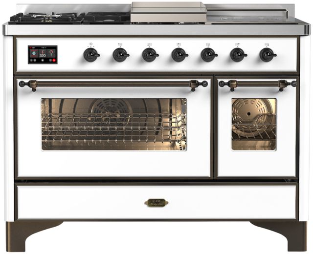 Ilve® Majestic III 48" White Pro Style Dual Fuel Natural Gas Range with 5 Black Brass Burners and Burnished Trim-0
