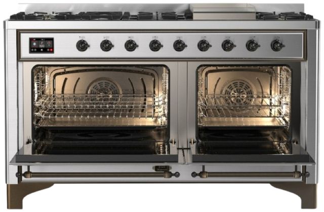 Ilve® Majestic III 60" Stainless Steel Pro Style Dual Fuel Liquid Propane Range with Triple Glass Door and Burnished Trim-1