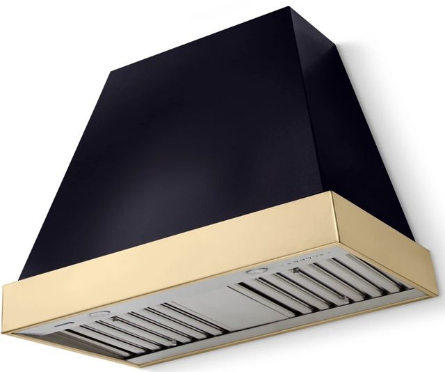 La Cornue CornuFé Euclid 36" Matte Black Wall Mounted Range Hood with Polished Brass Trim-0