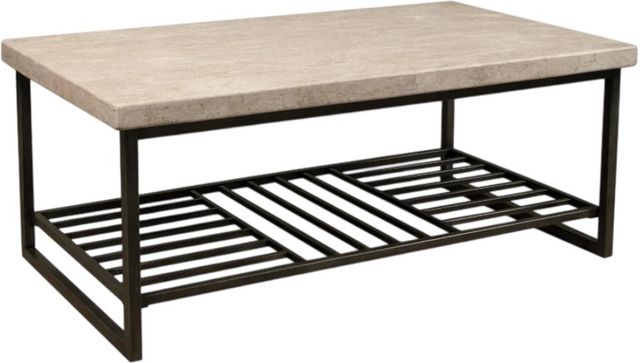 Riverside Furniture Capri Alabaster Travertine Rectangular Coffee Table with Black Base