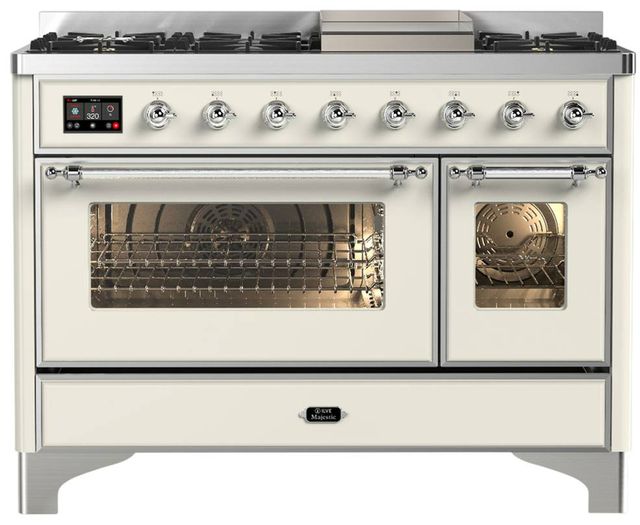 Ilve® Majestic III 48" Antique White Pro Style Dual Fuel Natural Gas Range with Triple Glass Door and Chrome Trim-0