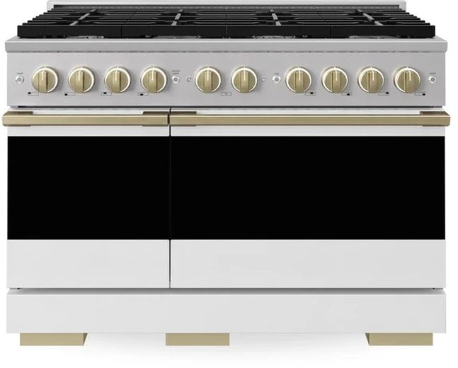 ZLINE Marino 48" Stainless Steel Pro Style Dual Fuel Range with White Matte Door and Champagne Bronze Accents