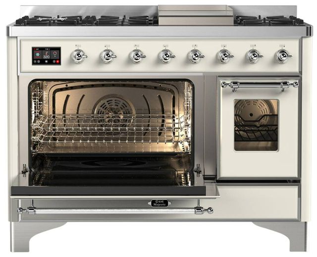 Ilve® Majestic III 48" Antique White Pro Style Dual Fuel Liquid Propane Range with Triple Glass Door and Chrome Trim-3