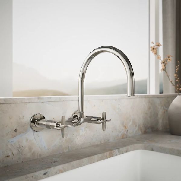 KOHLER® Billet® Vibrant Polished Nickel 12" 2-Hole Wall-Mount Bridge Kitchen Sink Faucet with Cross Handles-1