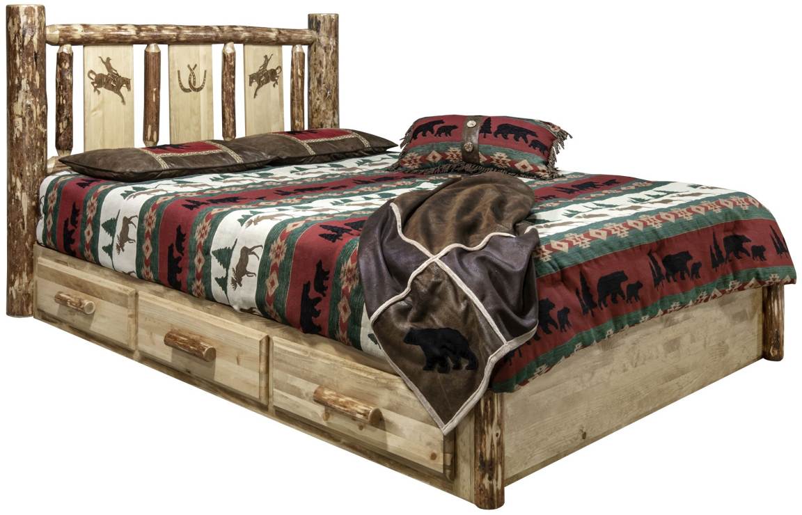 Montana Woodworks® Glacier Country Stained and Lacquered Full Platform Storage Bed with Laser Engraved Bronc Design