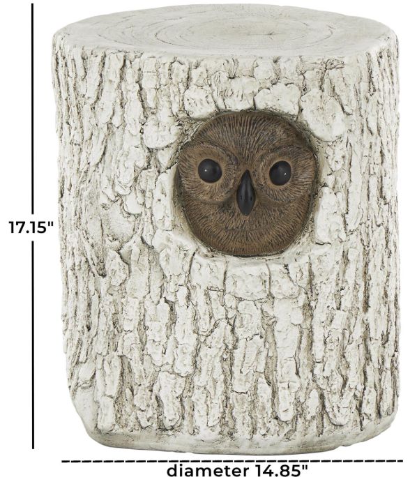 Deco Marche White Magnesium Oxide Outdoor Owl Tree Trunk Garden Stool with Brown Accents-3