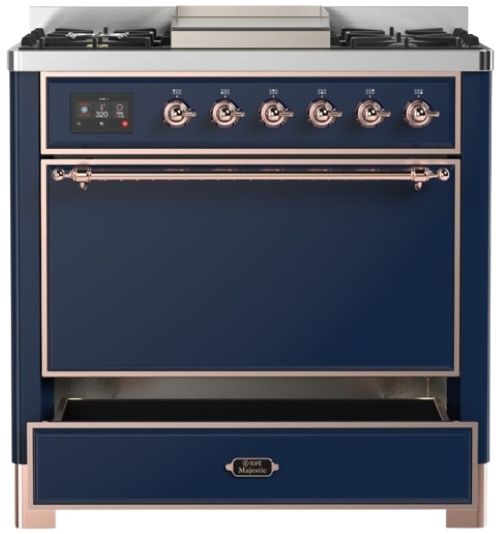 Ilve® Majestic III 36" Midnight Blue Pro Style Dual Fuel Liquid Propane Range with Solid Door and Copper Trim-2