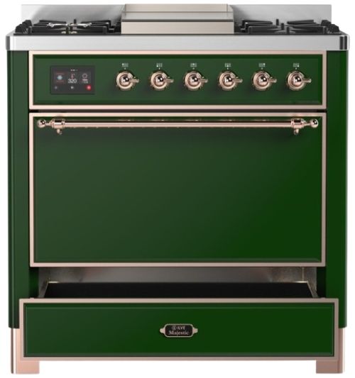 Ilve® Majestic III 36" Emerald Green Pro Style Dual Fuel Natural Gas Range with Solid Door and Copper Trim-2