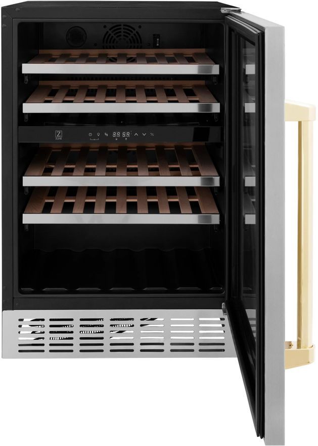 ZLINE Autograph Edition Monument 24" 4.5 Cu. Ft. Stainless Steel Freestanding Wine Cooler with Polished Gold Accents-1