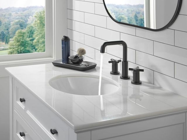 Delta Nicoli® Matte Black 2-Handle Cross Widespread Bathroom Faucet-1