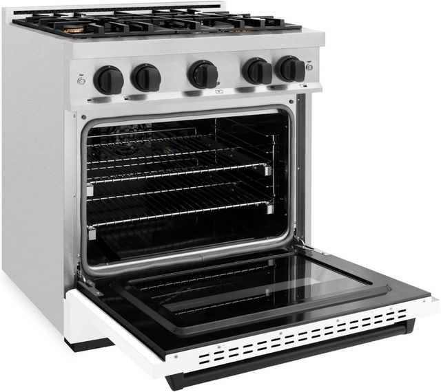 ZLINE Classic Autograph Edition 30" Satin Stainless Steel Pro Style Dual Fuel Range with White Matte Door and Matte Black Accents-3