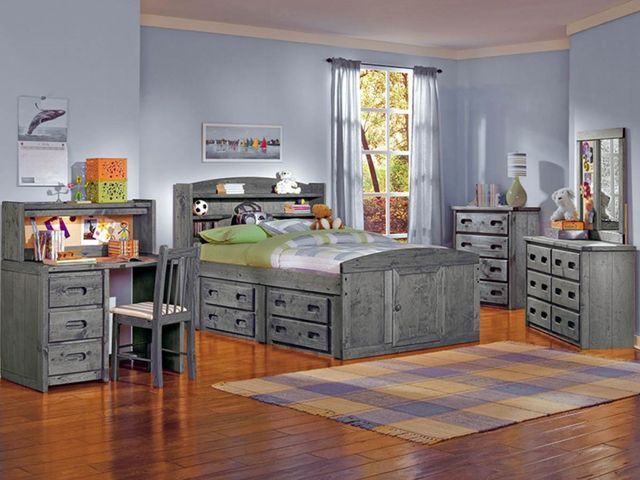 Trendwood Bunkhouse Palomino Driftwood Full Bookcase Bed with Underdresser-1