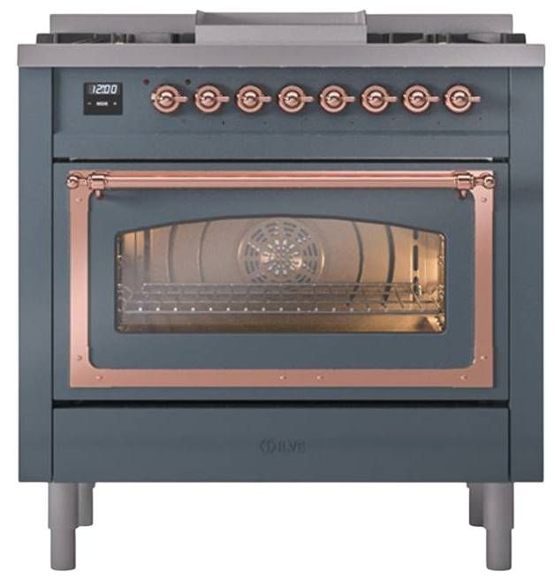 Ilve® Nostalgie II Noblesse 36'' Blue Gray Pro Style Dual Fuel Range with Copper Trim-1