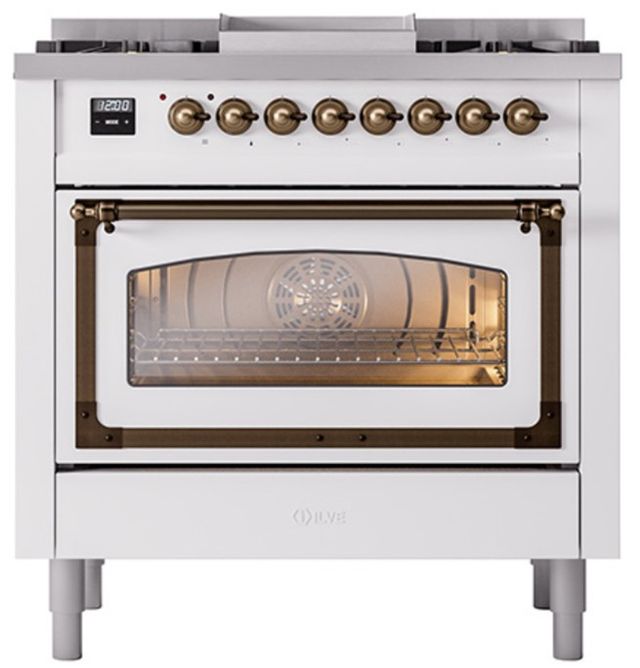 Ilve® Nostalgie II Noblesse 36'' White Pro Style Dual Fuel Range with Burnished Trim-1