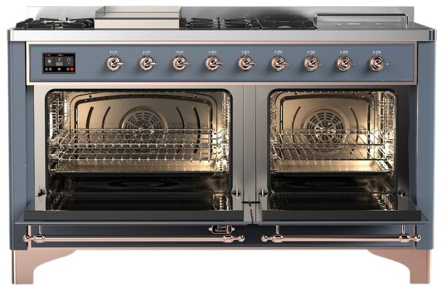 Ilve® Majestic III 60" Blue Gray Pro Style Dual Fuel Liquid Propane Range with Griddle and Copper Trim-1