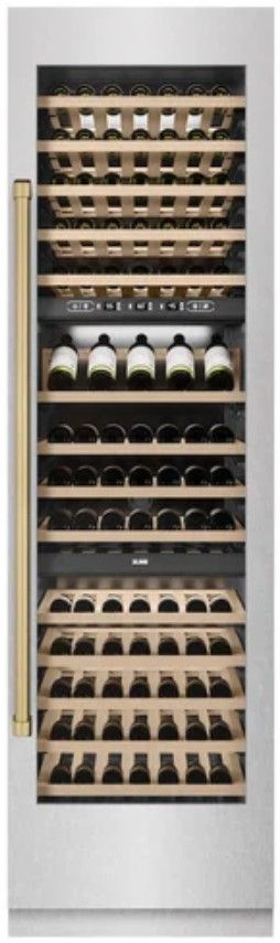 ZLINE Autograph Edition 24" 12.4 Cu. Ft. Triple Zone 100 Bottle Column Wine Cooler in Satin Stainless Steel and Champagne Bronze Accents-3