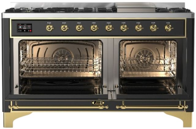 Ilve® Majestic III 60" Graphite Matte Pro Style Dual Fuel Liquid Propane Range with Triple Glass Door and Brass Trim-1