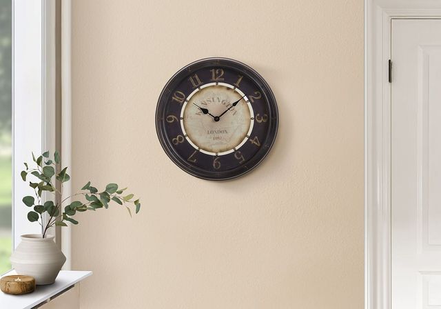 Monarch Specialties Inc. Antique Brown 16" Round Wall Clock with Standard Numbers on Beige/Black Bac-2