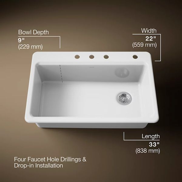 KOHLER® Riverby® White 33" 4-Faucet Hole Top-Mount Single-Bowl Kitchen Sink-1