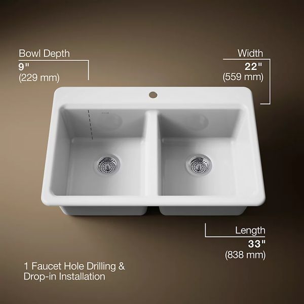 KOHLER® Riverby® White 33" 1-Faucet Hole Top-Mount Double-Equal Bowl Kitchen Sink-3