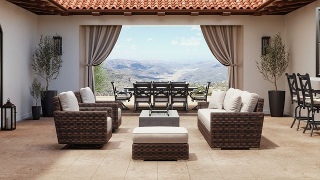 Sunset West Montecito Cognac Resin Wicker Outdoor Swivel Club Chair with Canvas Flax Cushion-3