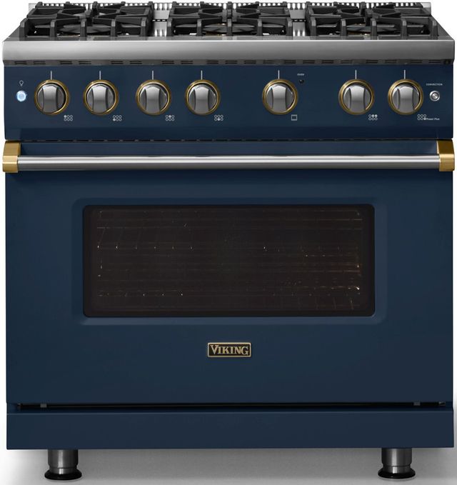 Viking® 5 Series 36" Slate Blue Pro Style Gas (LP) Range with Brushed Brass Trim-3