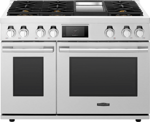 front view of the Signature Kitchen Suite 48" Stainless Steel Freestanding Dual Fuel Natural Gas Range