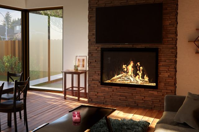 Flush built-in electric fireplace under a television