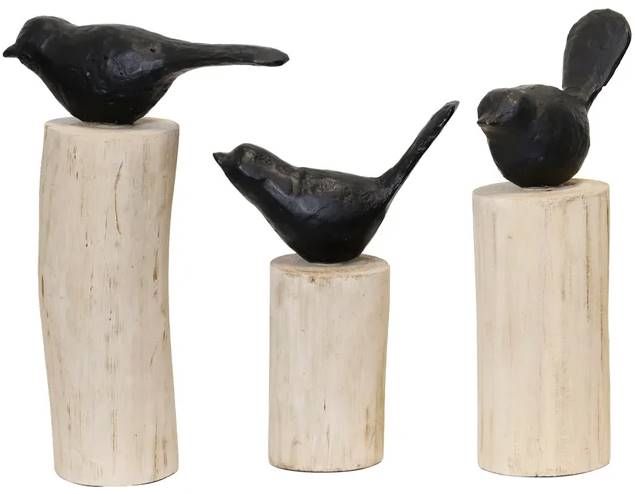 StyleCraft Black Birds Sitting on Beige Log Sculpture-0