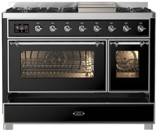 Ilve® Majestic III 48" Glossy Black Pro Style Dual Fuel Natural Gas Range with Triple Glass Door and Chrome Trim-1