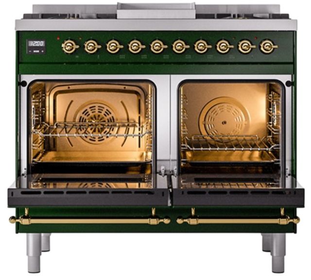Ilve® Nostalgie II Noblesse 40'' Emerald Green Pro Style Dual Fuel Range with Brass Trim-1