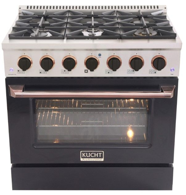 Kucht Professional KNG Series 36" Stainless Steel Pro Style Natural Gas Range with Black Door and Rose Gold Handle-0