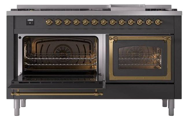 Ilve® Nostalgie II Noblesse 60'' Graphite Matte Pro Style Dual Fuel Range with Brass Trim-3