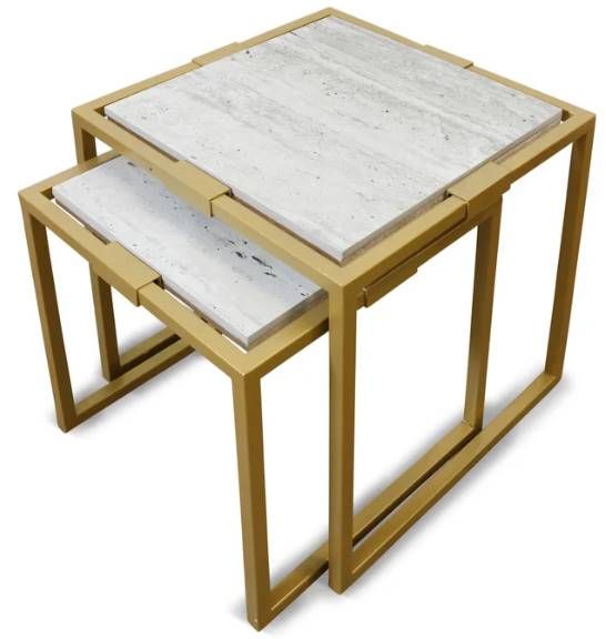 StyleCraft 2-Piece White Marble Top Nesting Table Set with Satin Brass Frame-2