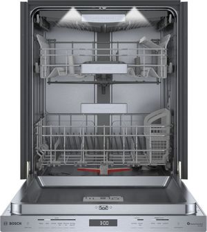 Front view of the opened Bosch Benchmark® 24" Stainless Steel Top Control Built In Dishwasher