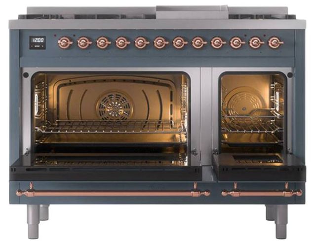 Ilve® Nostalgie II Noblesse 48'' Blue Gray Pro Style Dual Fuel Range with Copper Trim-2