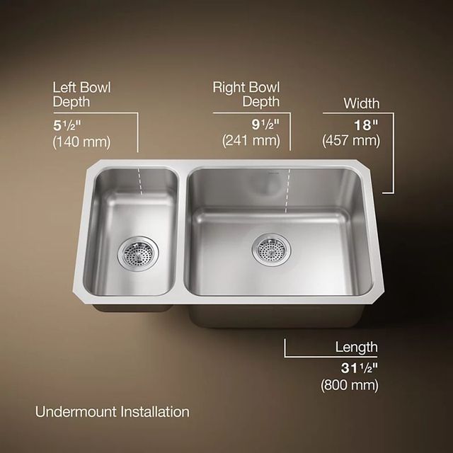KOHLER® Undertone® Stainless Steel 32" Undermount Double Offset Bowl Kitchen Sink with Short Apron-2