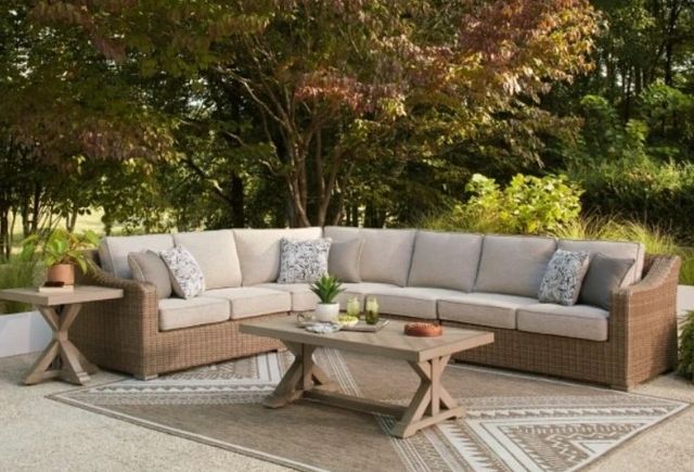 Signature Design by Ashley® Revare Beach 4-Piece Beige Fabric/Wicker Rattan L-Shape Outdoor Sectional-1