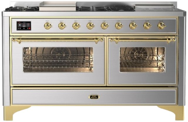 Ilve® Majestic III 60" Stainless Steel Pro Style Dual Fuel Natural Gas Range with French Top and Brass Trim-0