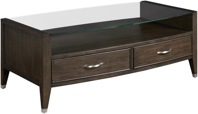 Hammary® Tesha Glass Top Rectangular Drawer Coffee Table with Brown Base-0