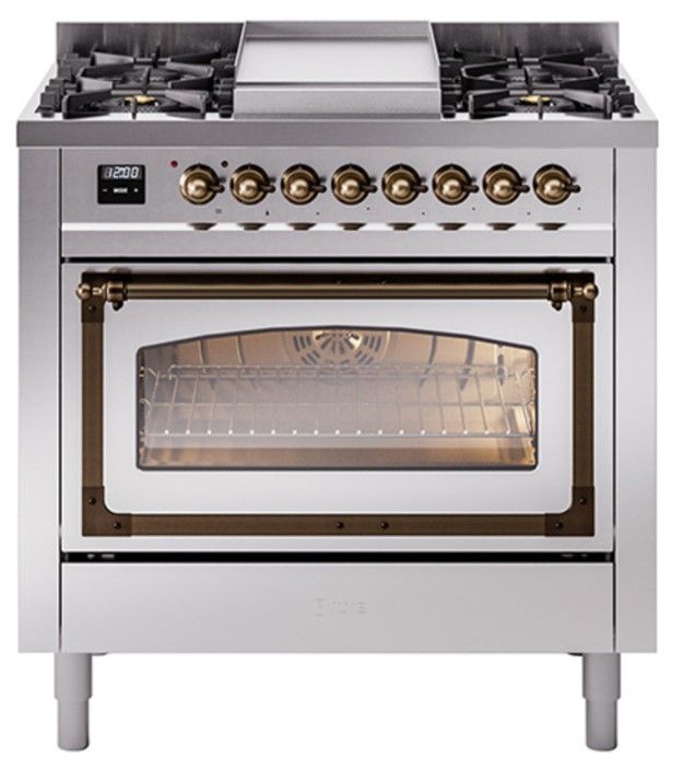 Ilve® Nostalgie II Noblesse 36'' Stainless Steel Pro Style Dual Fuel Range with Burnished Trim-0