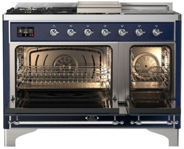 Ilve® Majestic III 48" Midnight Blue Pro Style Dual Fuel Liquid Propane Range with French Top and Chrome Trim-1