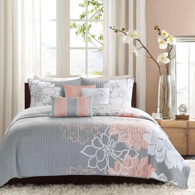 Olliix by Madison Park Lola 6 Piece Grey and Blush Full/Queen Reversible Cotton Printed Coverlet Set-0
