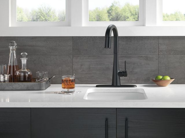 Delta Monrovia® Matte Black Single Handle Pull-Down Bar/Preparation Faucet-1