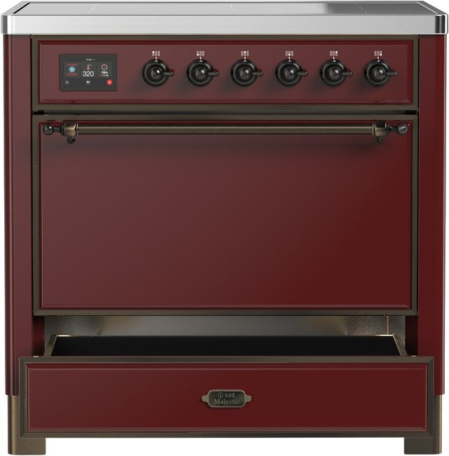 Ilve® Majestic III 36" Burgundy Pro Style Induction Range with Solid Door and Burnished Trim-3