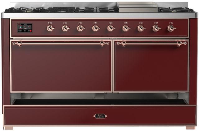 Ilve® Majestic III 60" Burgundy Pro Style Dual Fuel Liquid Propane Range with Solid Door and Copper Trim-1