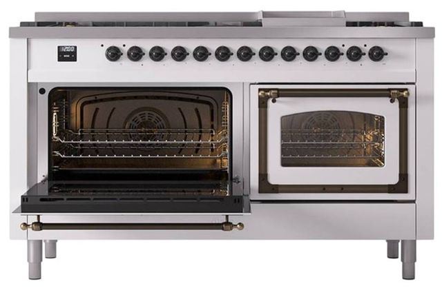 Ilve® Nostalgie II Noblesse 60'' White Pro Style Dual Fuel Range with Burnished Trim-3